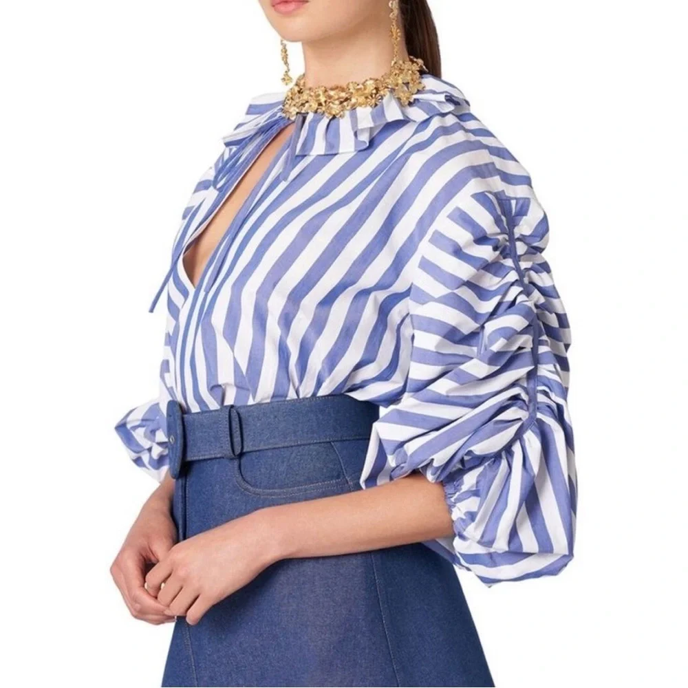 Carolina Herrera New York Size 4 Ruffled Stiped Cotton-Poplin Blouse Blue White - Picture 4 of 12